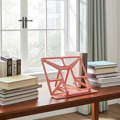 Buchständer in Sky Pink auf einem Schreibtisch